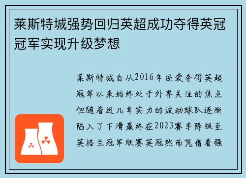 莱斯特城强势回归英超成功夺得英冠冠军实现升级梦想 莱斯特城强势回归英超成功夺得英冠冠军实现升级梦想